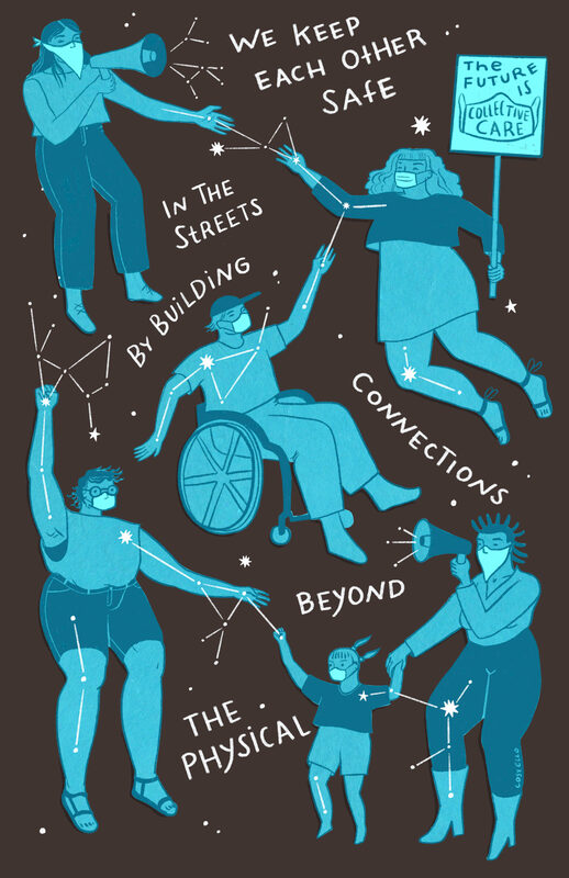 PictureImage Description: An illustration of various masked people in shades of blue hovering across the image, connected to each other by white constellations. One person is holding a sign that says “the future is collective care,” one person is sitting in a wheelchair, and other people are holding megaphones.